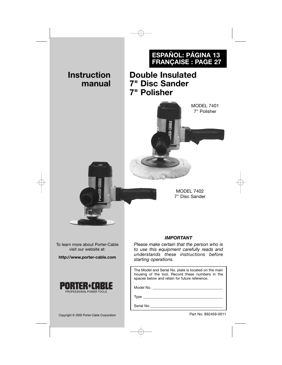 Porter-Cable 892459-0011 User Manual | 13 pages
