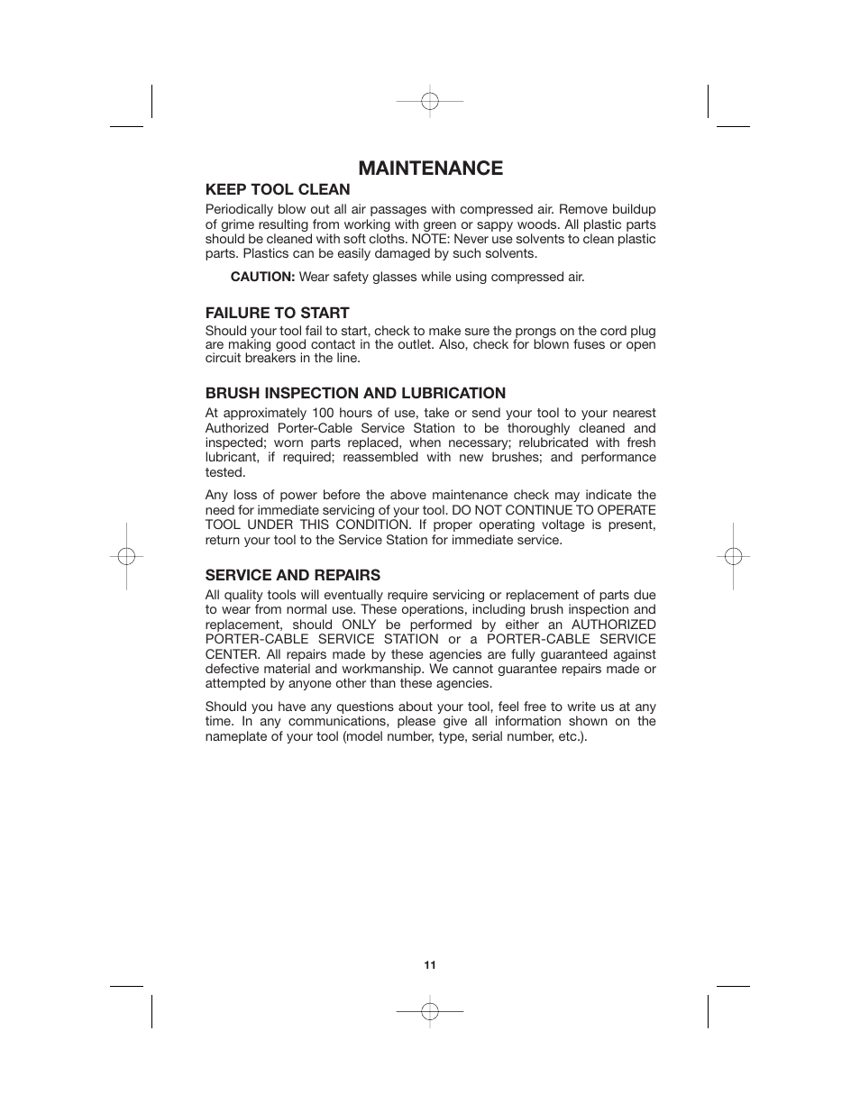 Maintenance | Porter-Cable 892459-0011 User Manual | Page 11 / 13