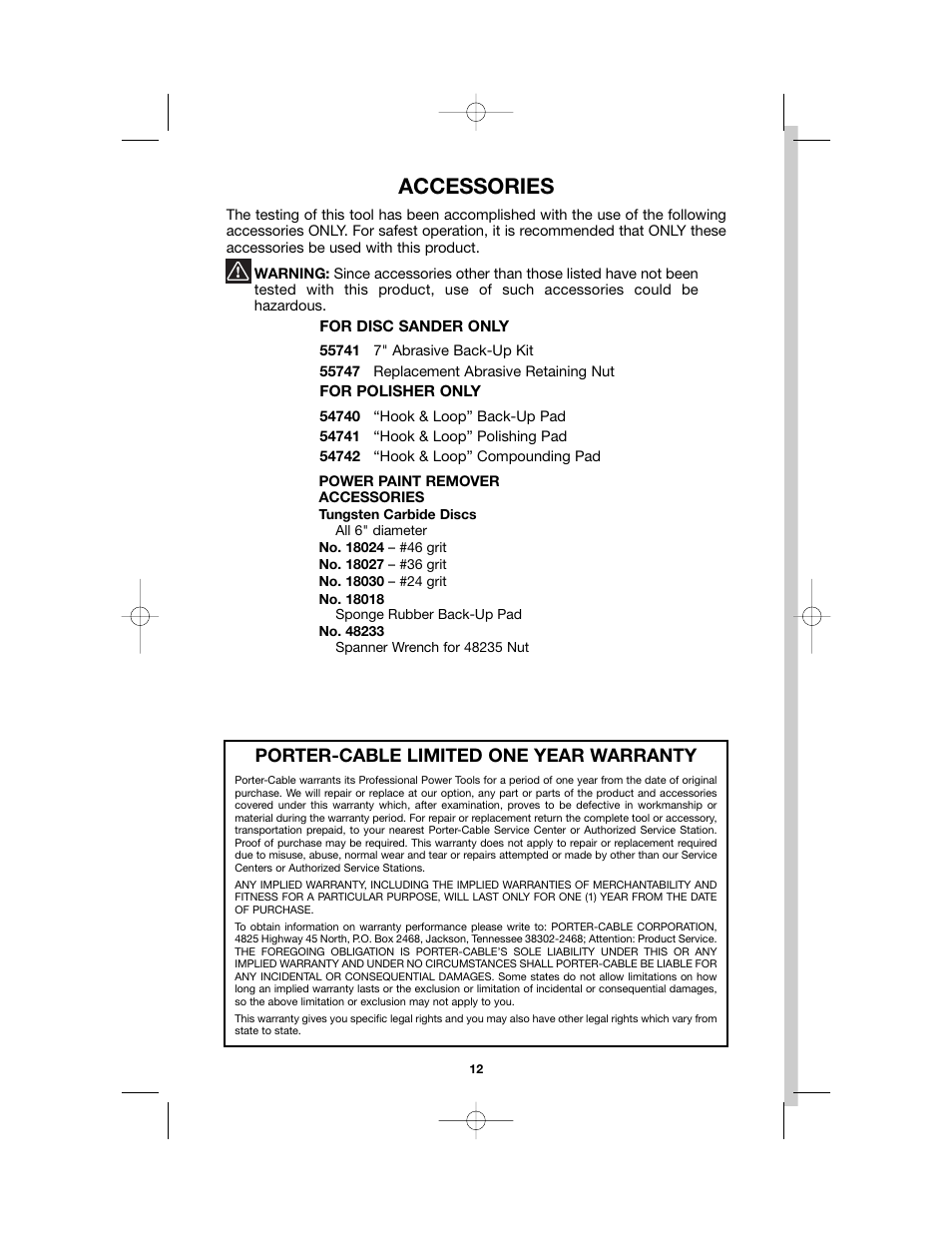 Accessories, Porter-cable limited one year warranty | Porter-Cable 892459-0011 User Manual | Page 12 / 13