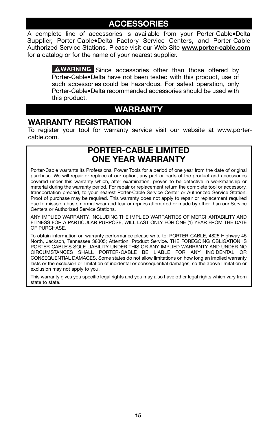 Porter-cable limited one year warranty, Warranty, Accessories | Warranty registration | Porter-Cable 100 User Manual | Page 15 / 44
