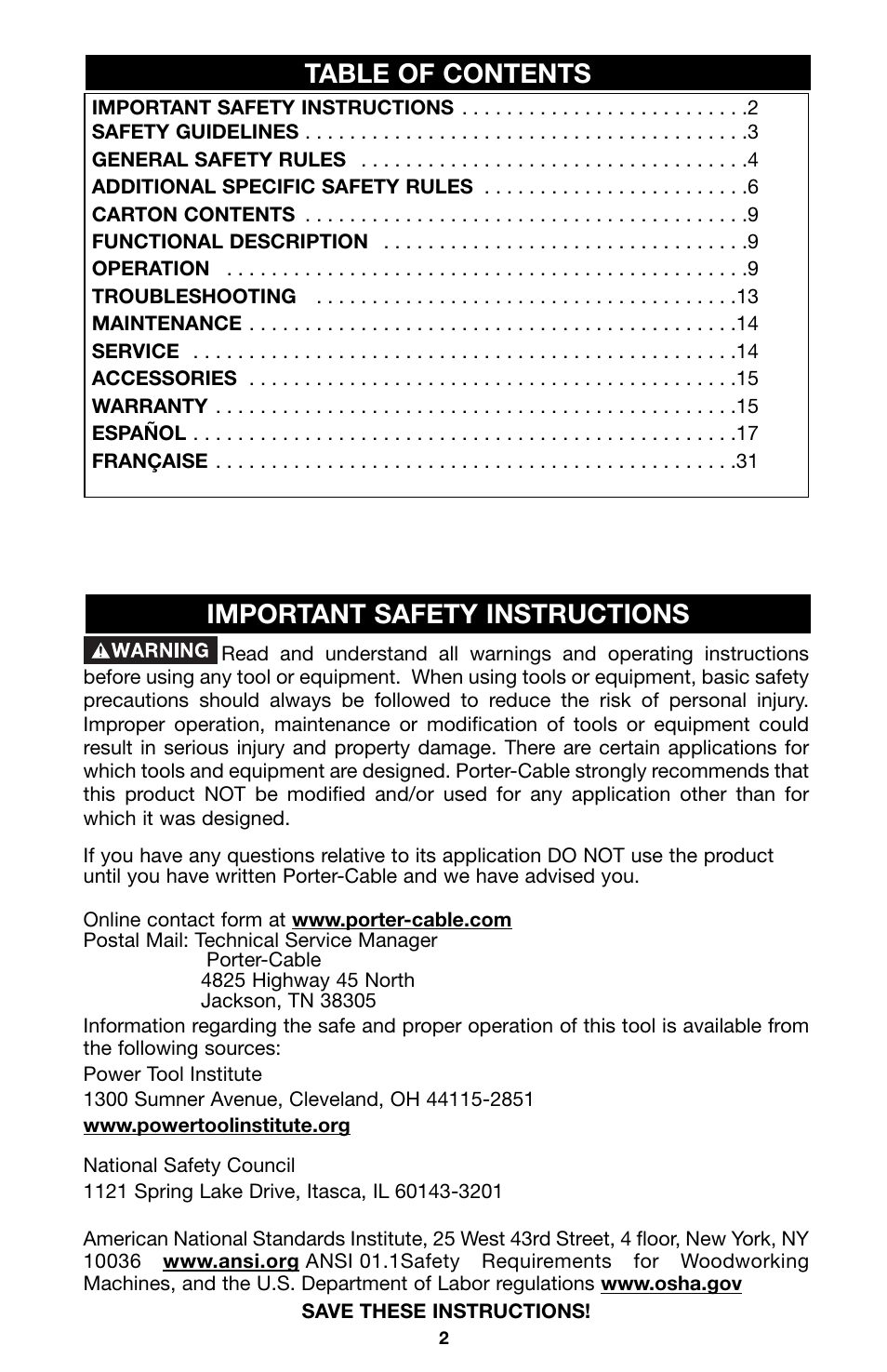 Table of contents important safety instructions | Porter-Cable 100 User Manual | Page 2 / 44