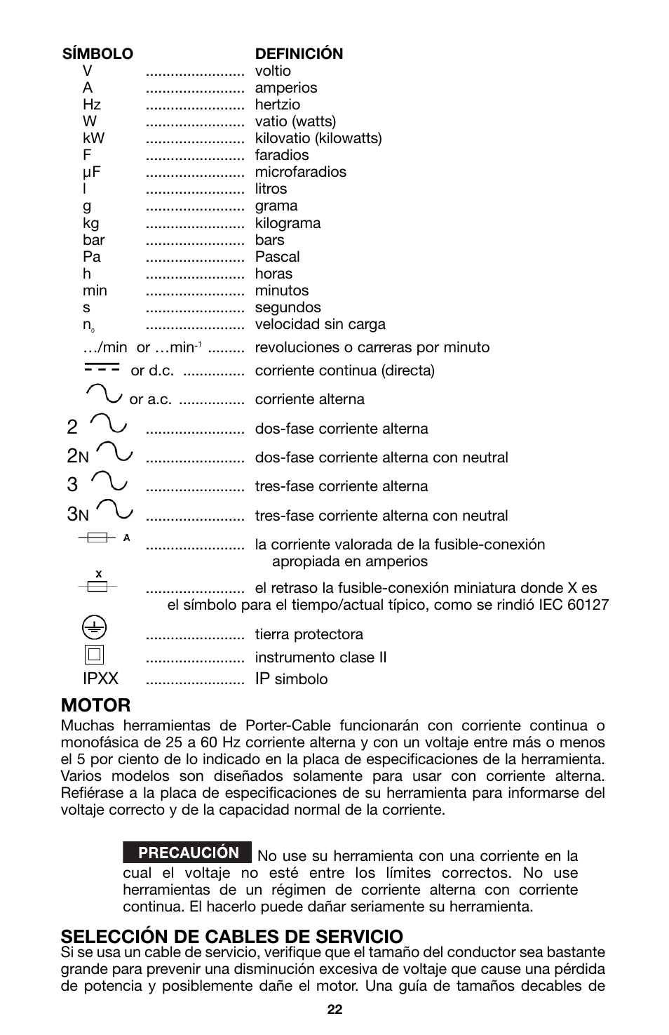 Motor, Selección de cables de servicio | Porter-Cable 100 User Manual | Page 22 / 44
