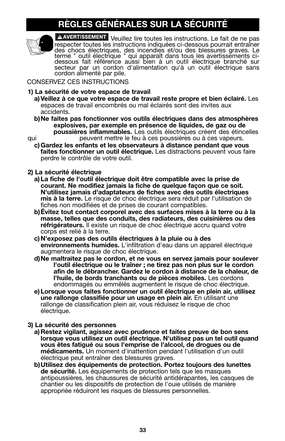 Règles générales sur la sécurité | Porter-Cable 100 User Manual | Page 33 / 44