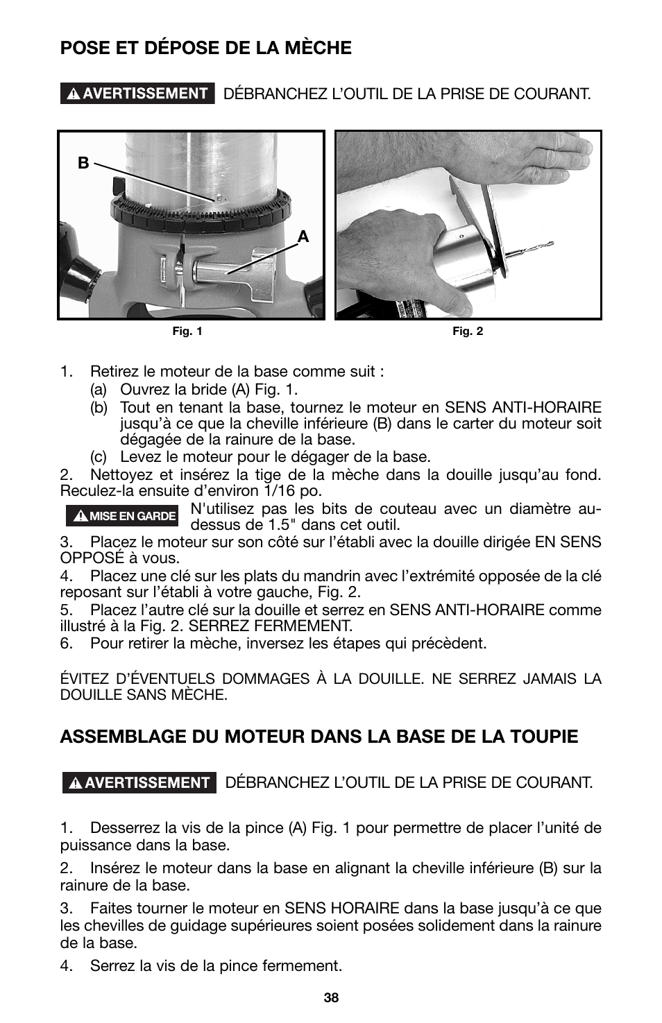 Pose et dépose de la mèche, Assemblage du moteur dans la base de la toupie | Porter-Cable 100 User Manual | Page 38 / 44