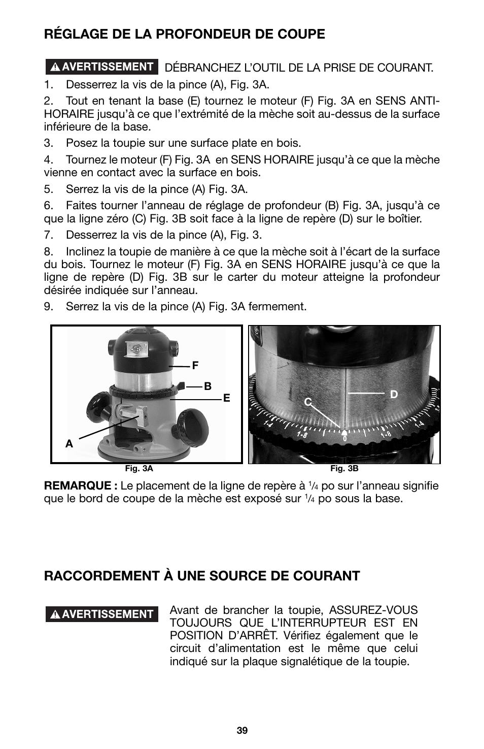 Réglage de la profondeur de coupe, Raccordement à une source de courant | Porter-Cable 100 User Manual | Page 39 / 44