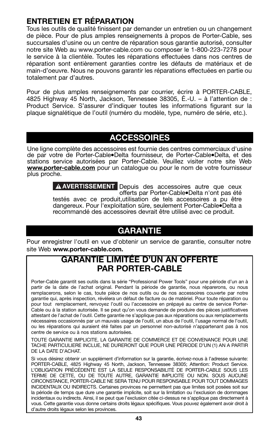 Garantie limitée d’un an offerte par porter-cable, Accessoires garantie, Entretien et réparation | Porter-Cable 100 User Manual | Page 43 / 44