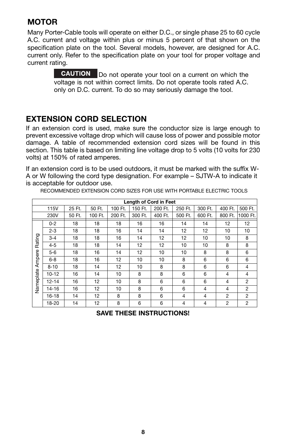Extension cord selection, Motor, Save these instructions | Porter-Cable 100 User Manual | Page 8 / 44