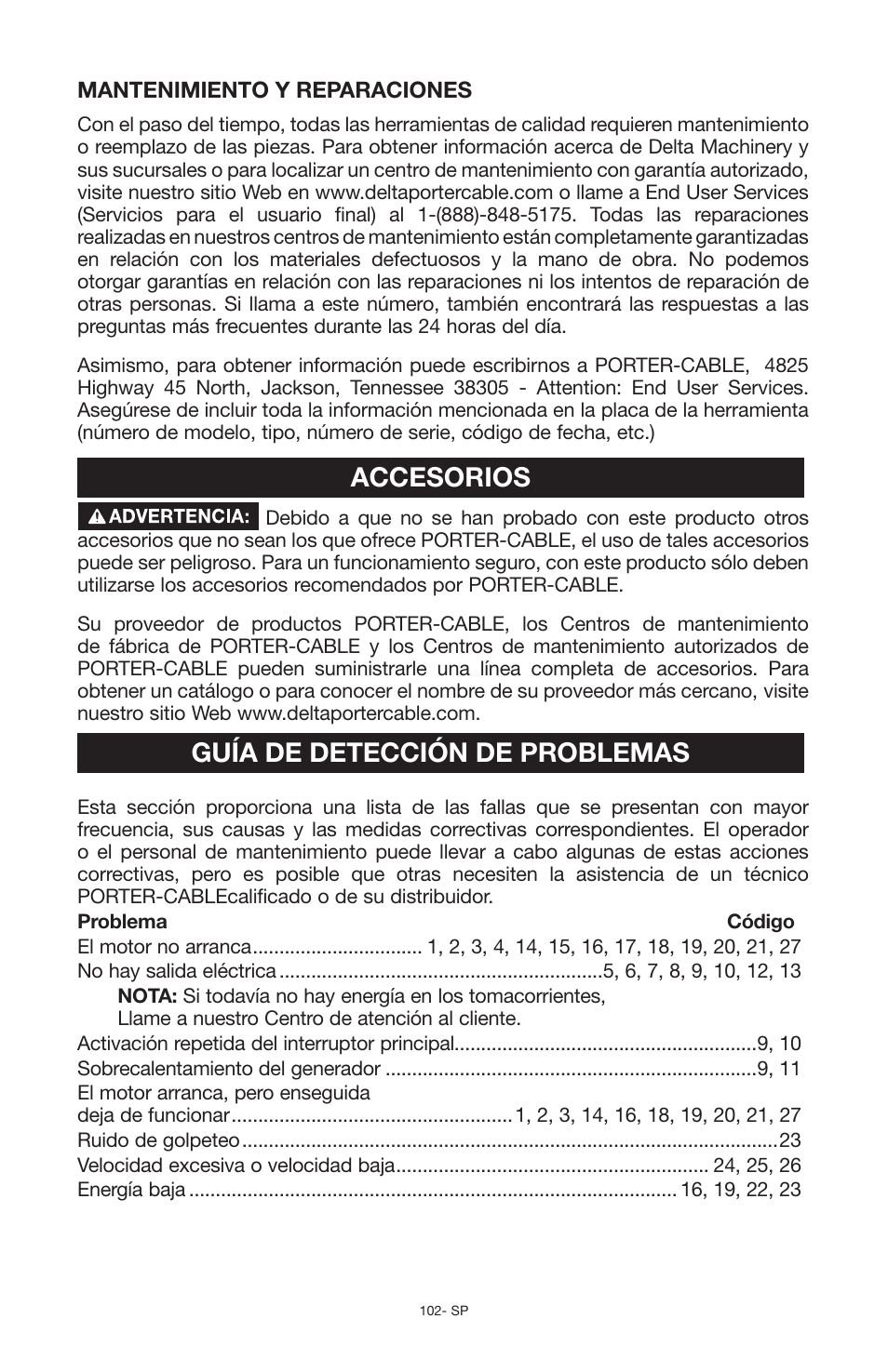 Accesorios, Guía de detección de problemas | Porter-Cable PCG6500 User Manual | Page 102 / 112