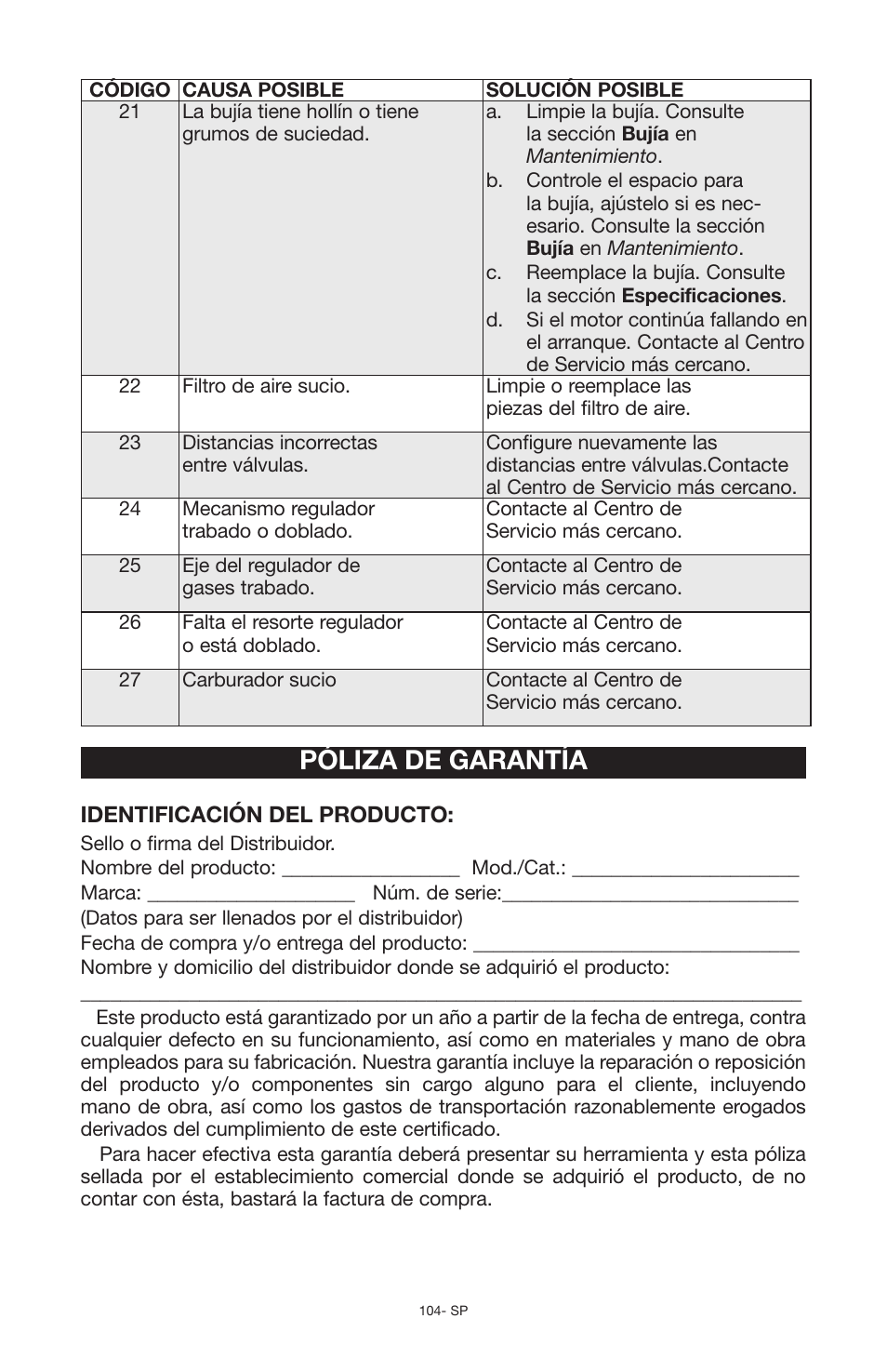 Póliza de garantía | Porter-Cable PCG6500 User Manual | Page 104 / 112