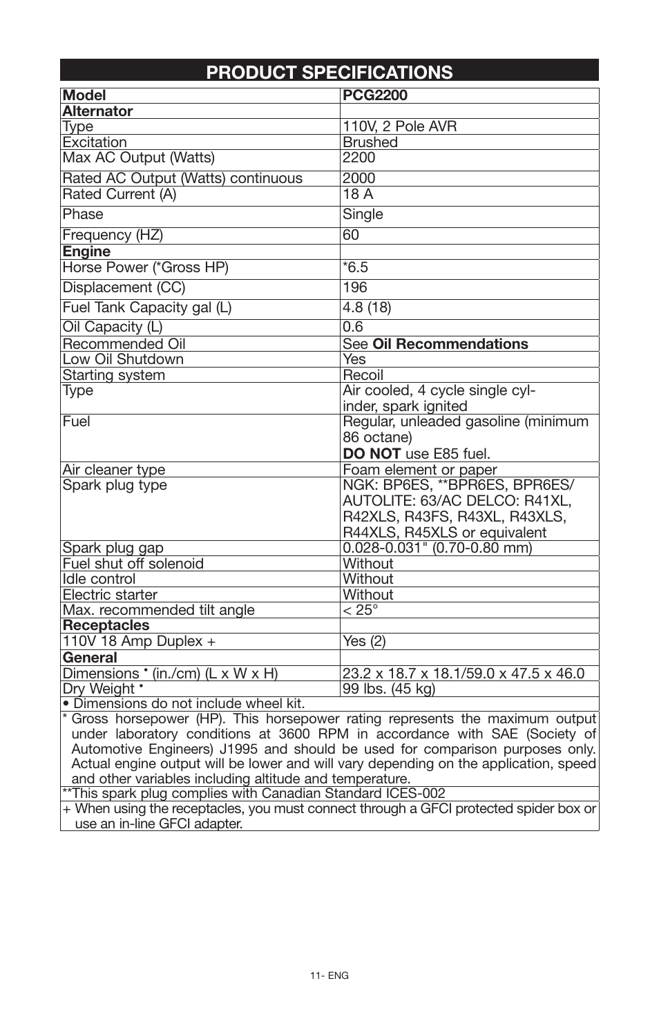 Product specifications | Porter-Cable PCG6500 User Manual | Page 11 / 112