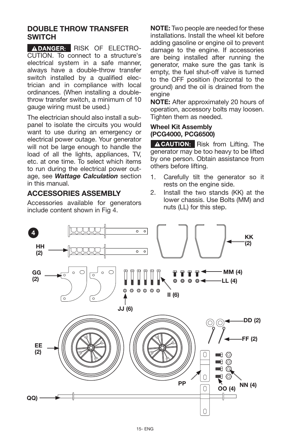 Double throw transfer switch, Accessories assembly | Porter-Cable PCG6500 User Manual | Page 15 / 112