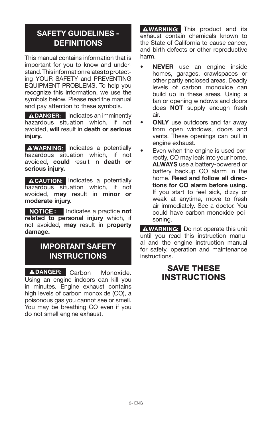 Save these instructions, Safety guidelines - definitions, Important safety instructions | Porter-Cable PCG6500 User Manual | Page 2 / 112