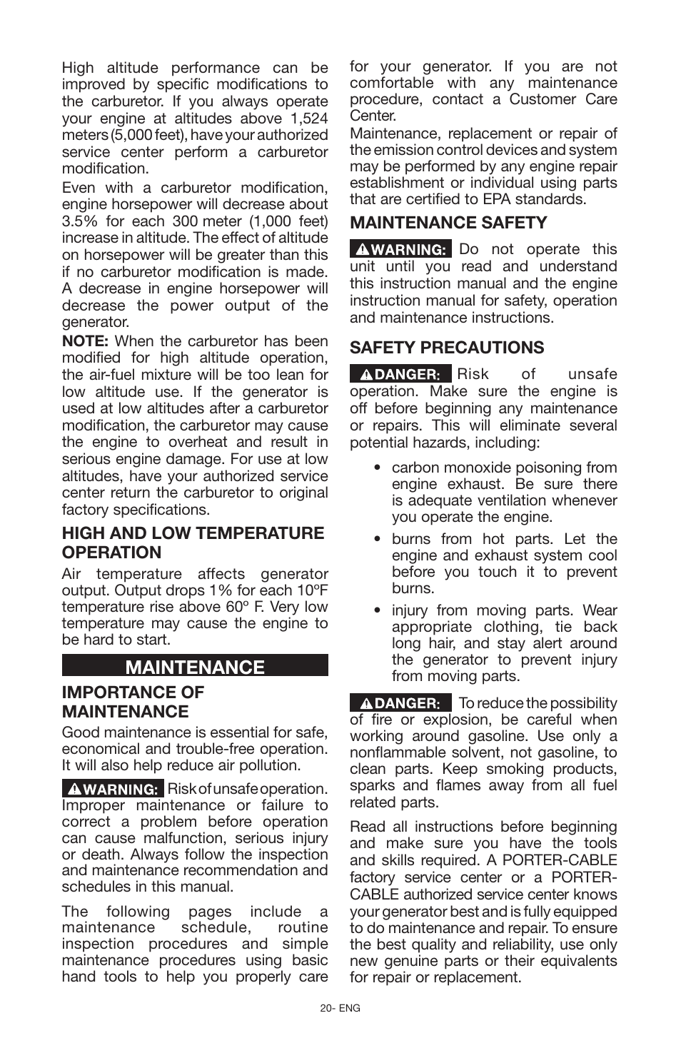 Maintenance | Porter-Cable PCG6500 User Manual | Page 20 / 112