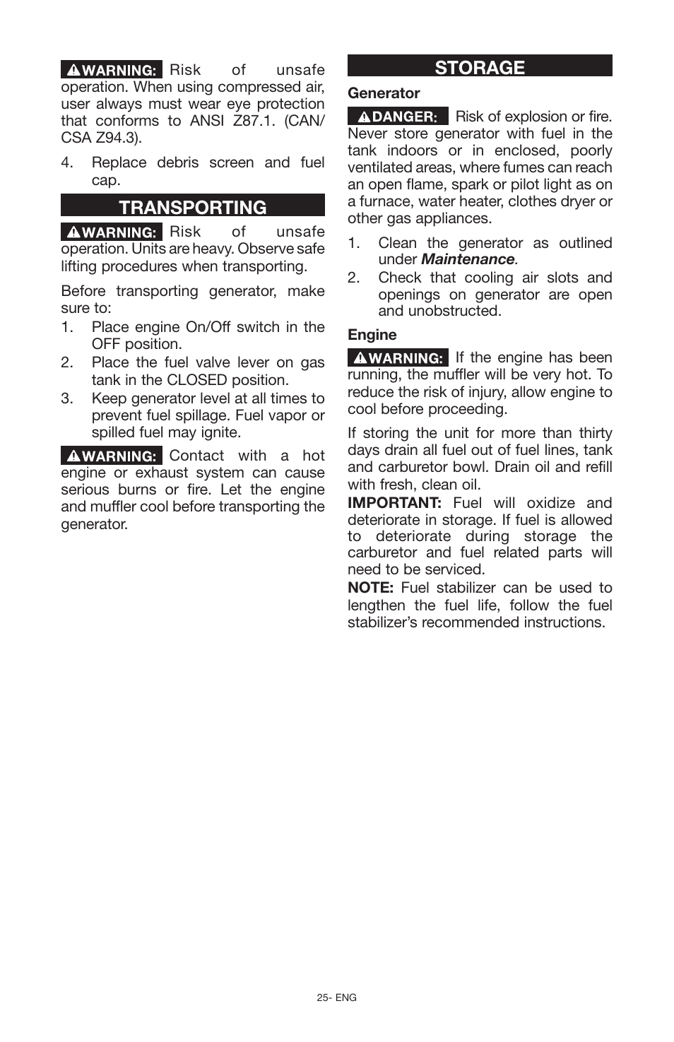 Transporting, Storage | Porter-Cable PCG6500 User Manual | Page 25 / 112