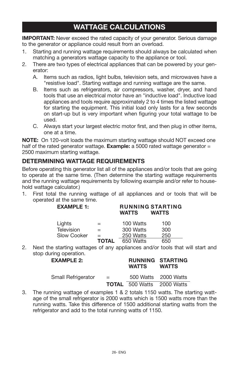 Wattage calculations | Porter-Cable PCG6500 User Manual | Page 26 / 112