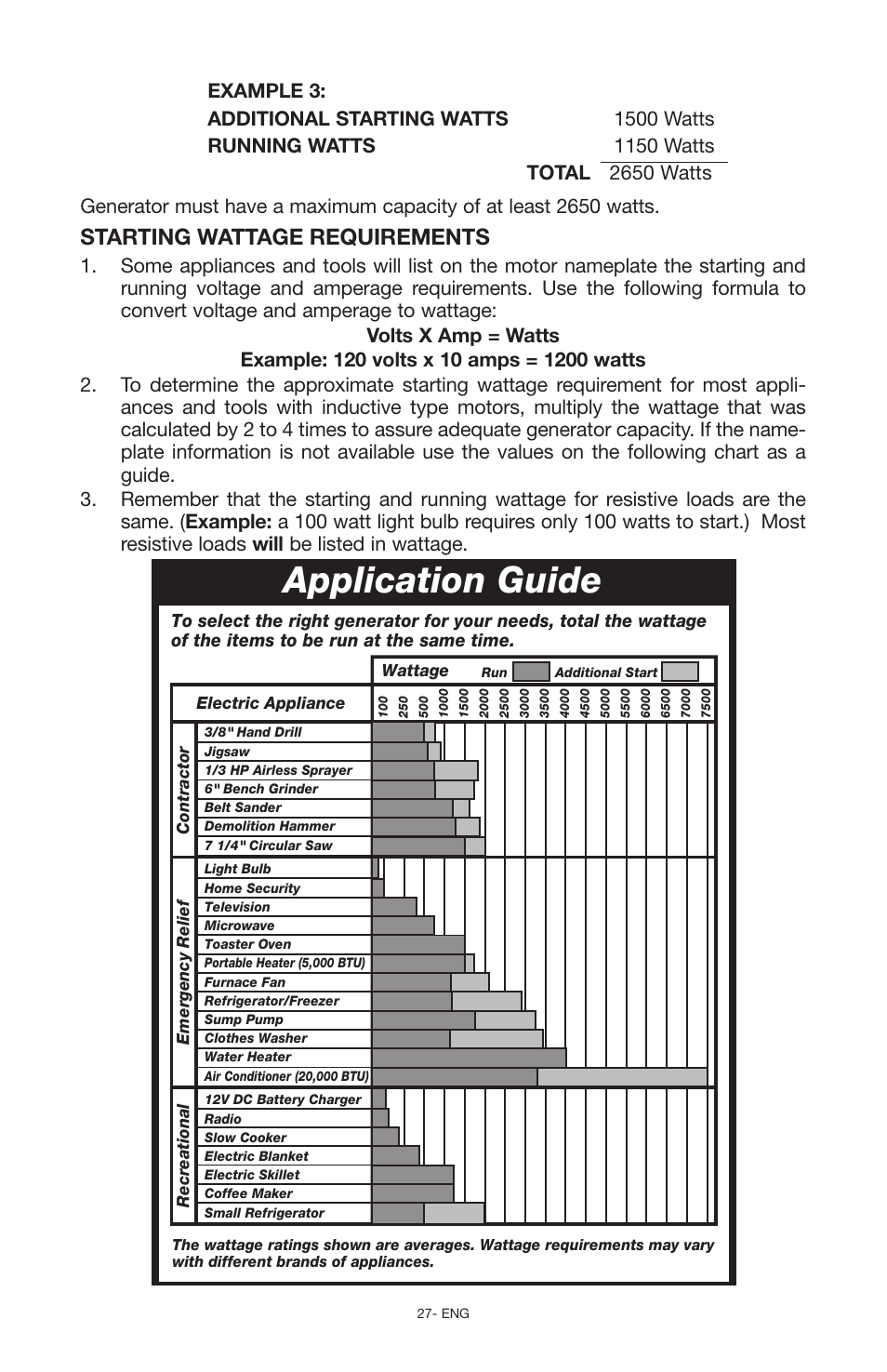 Use gen app guide e 2-8.ai, Application guide, Starting wattage requirements | Porter-Cable PCG6500 User Manual | Page 27 / 112
