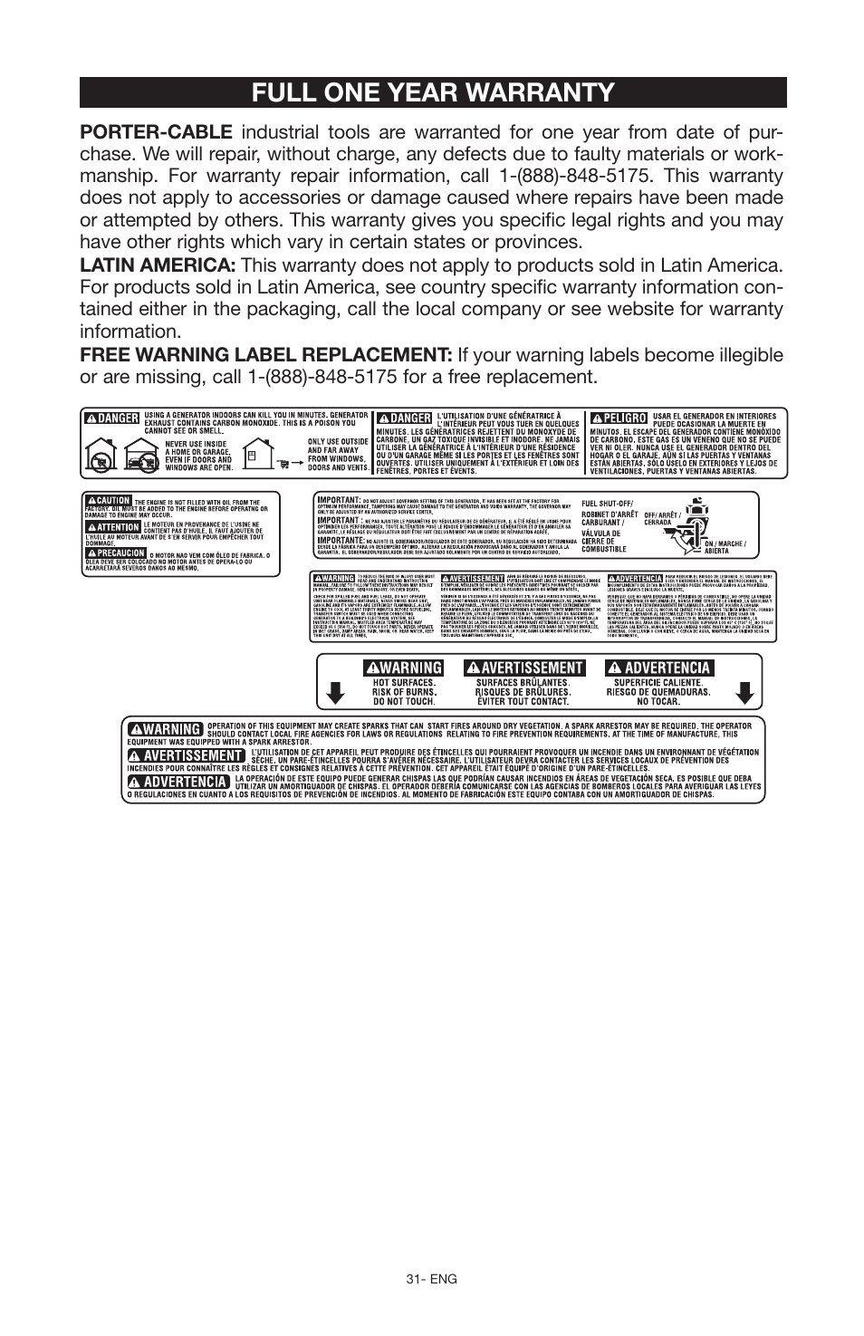 Full one year warranty | Porter-Cable PCG6500 User Manual | Page 31 / 112