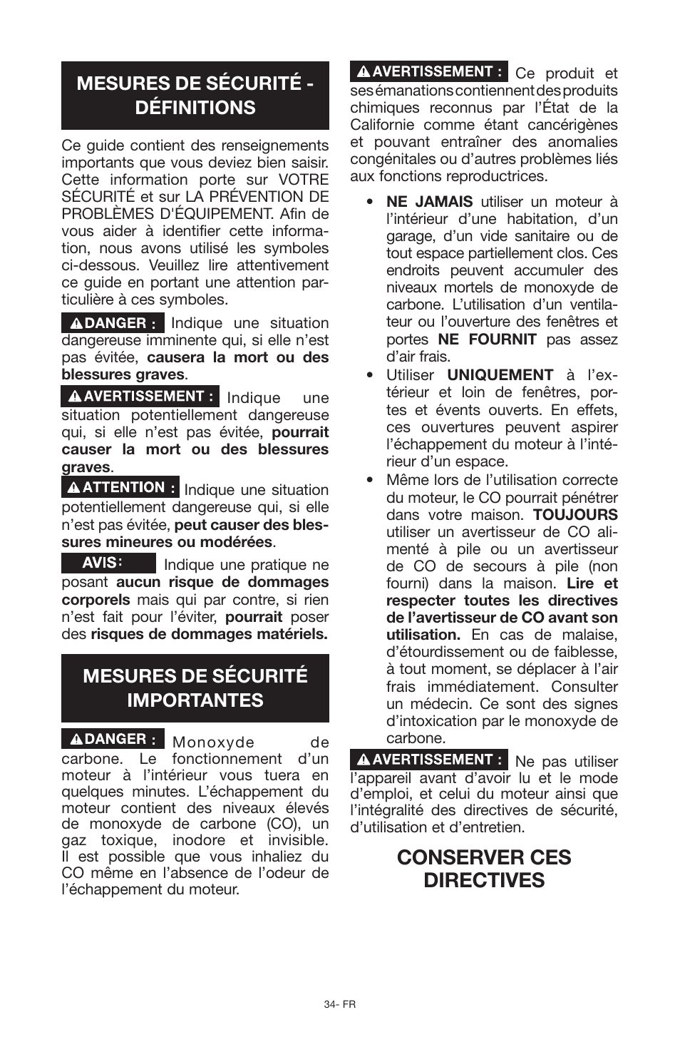 Conserver ces directives, Mesures de sécurité - définitions, Mesures de sécurité importantes | Porter-Cable PCG6500 User Manual | Page 34 / 112