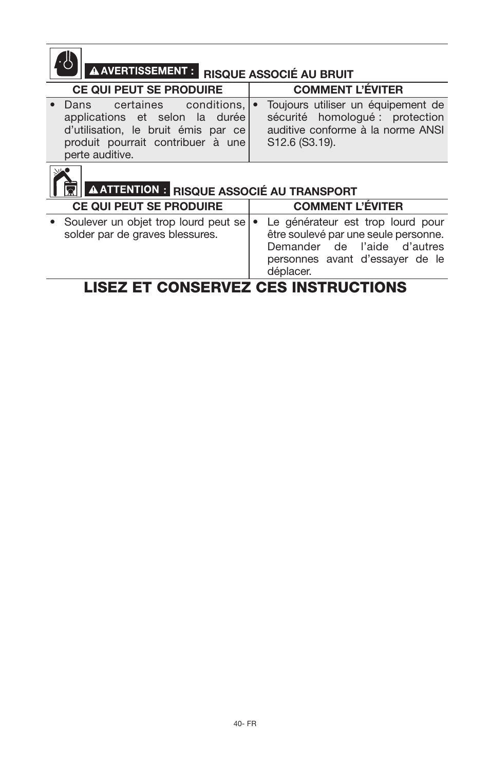 Lisez et conservez ces instructions | Porter-Cable PCG6500 User Manual | Page 40 / 112