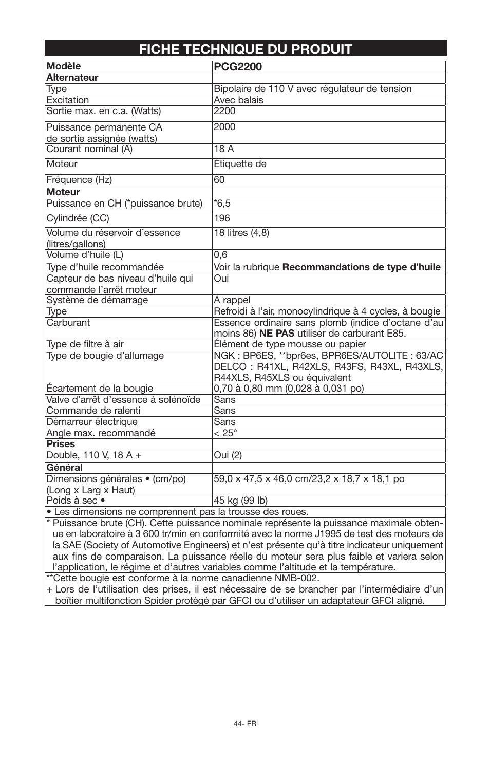 Fiche technique du produit | Porter-Cable PCG6500 User Manual | Page 44 / 112