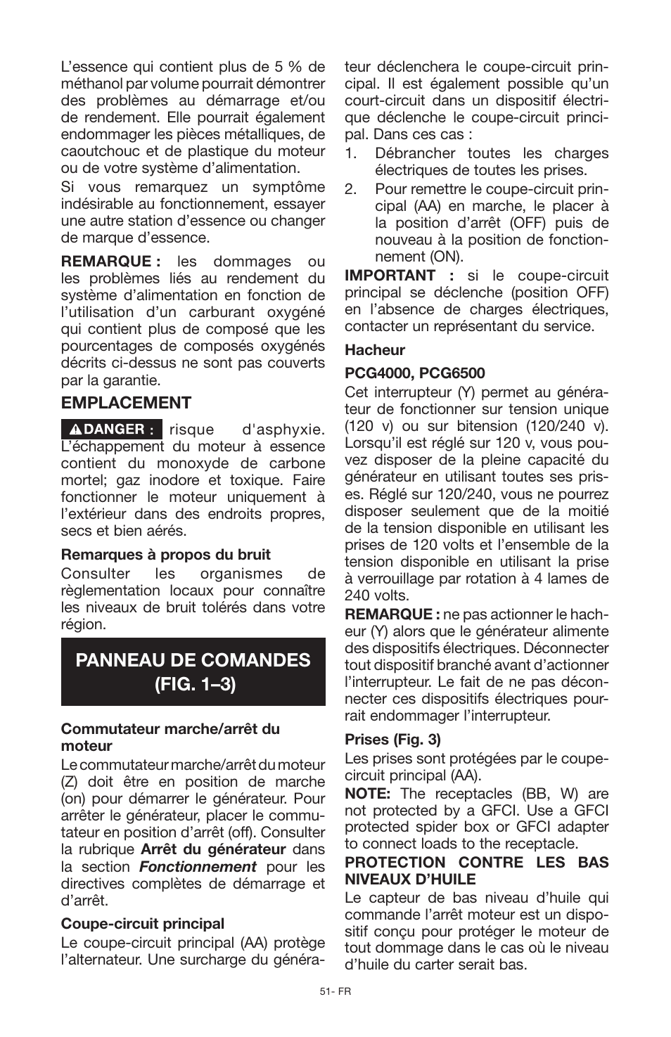 Panneau de comandes (fig. 1–3) | Porter-Cable PCG6500 User Manual | Page 51 / 112