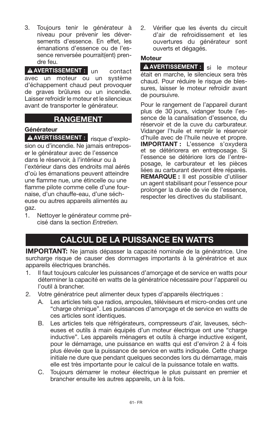 Calcul de la puissance en watts, Rangement | Porter-Cable PCG6500 User Manual | Page 61 / 112