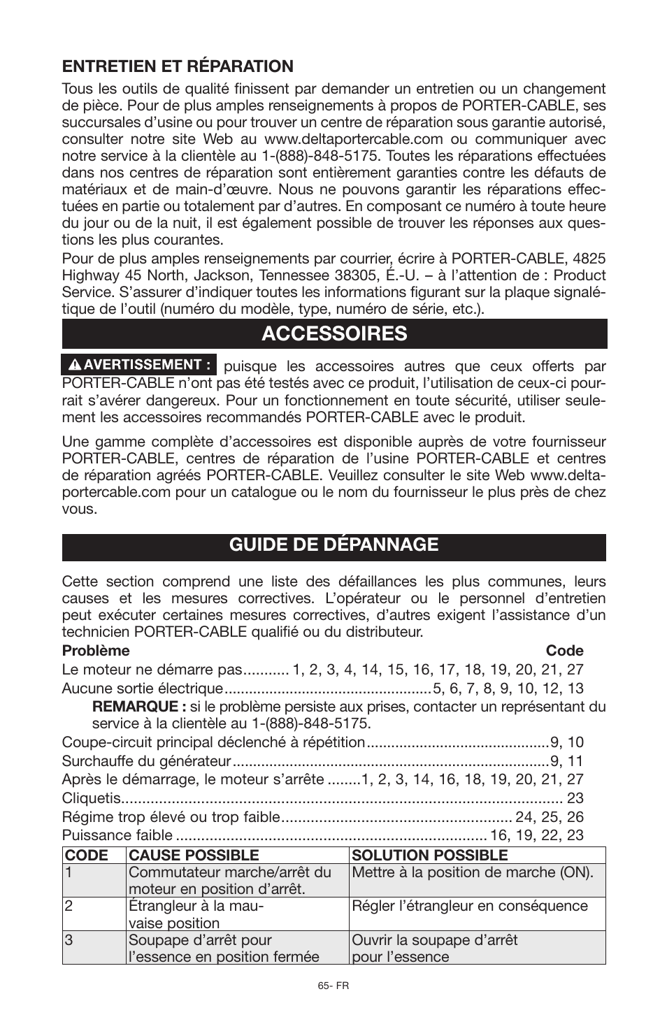 Accessoires, Guide de dépannage | Porter-Cable PCG6500 User Manual | Page 65 / 112