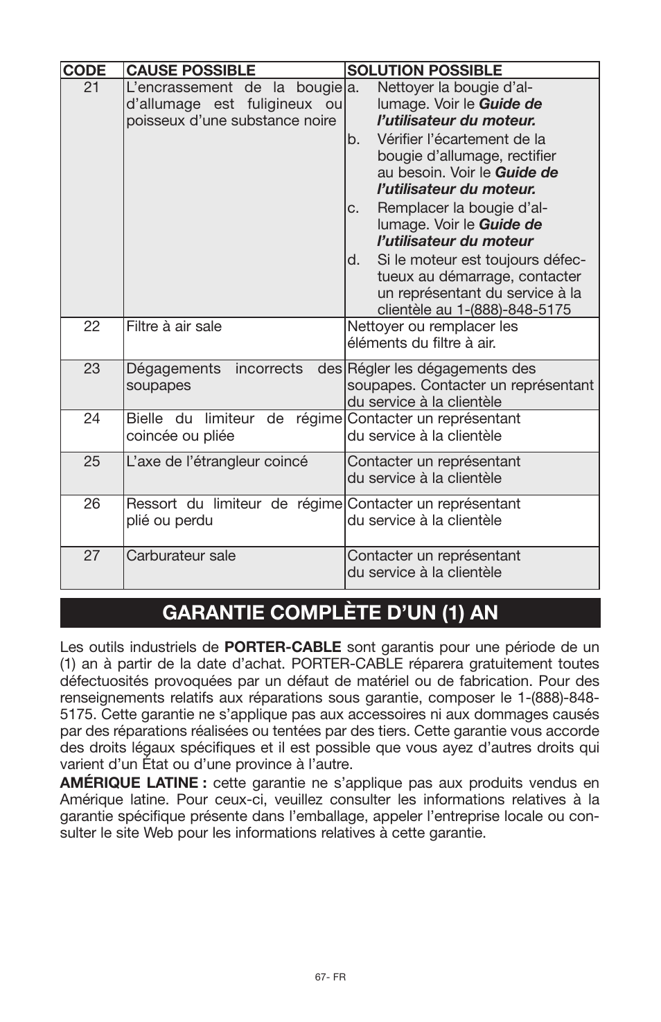 Garantie complète d’un (1) an | Porter-Cable PCG6500 User Manual | Page 67 / 112