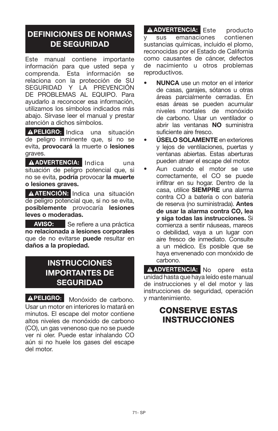 Conserve estas instrucciones, Definiciones de normas de seguridad, Instrucciones importantes de seguridad | Porter-Cable PCG6500 User Manual | Page 71 / 112