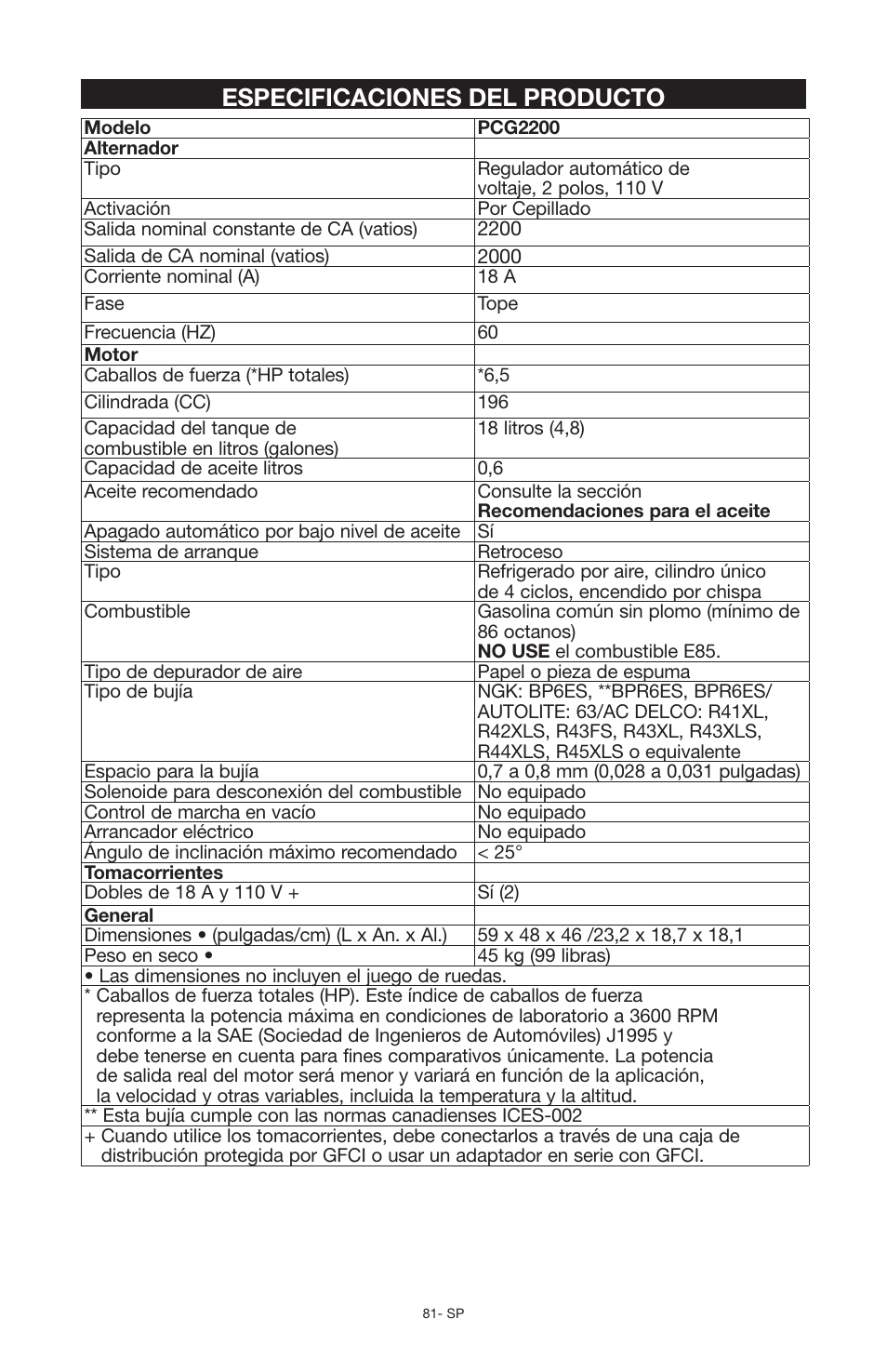 Especificaciones del producto | Porter-Cable PCG6500 User Manual | Page 81 / 112