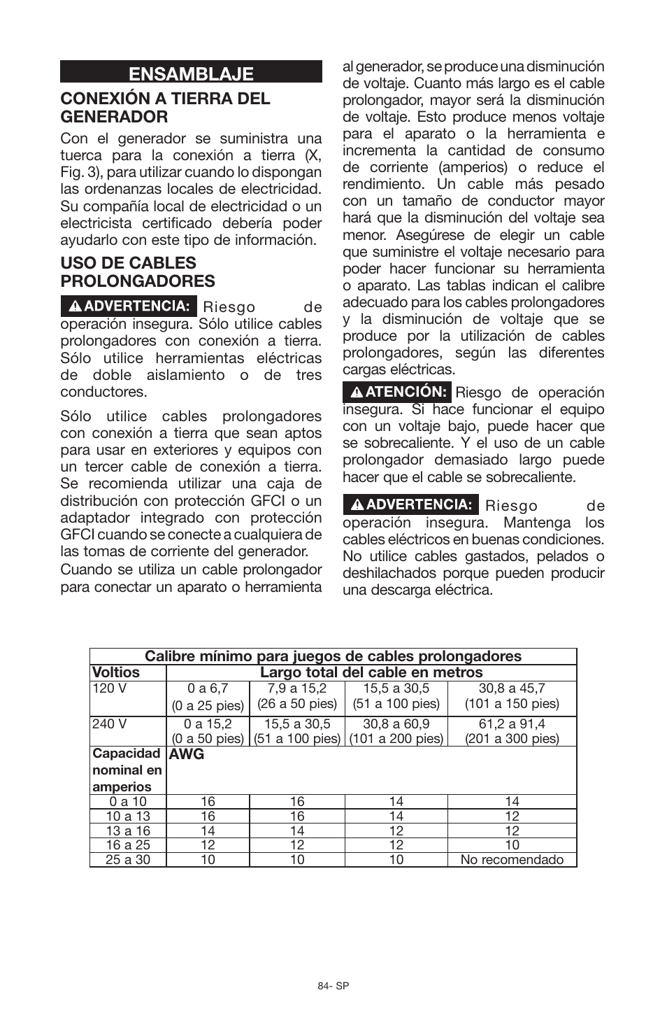 Ensamblaje, Conexión a tierra del generador, Uso de cables prolongadores | Porter-Cable PCG6500 User Manual | Page 84 / 112