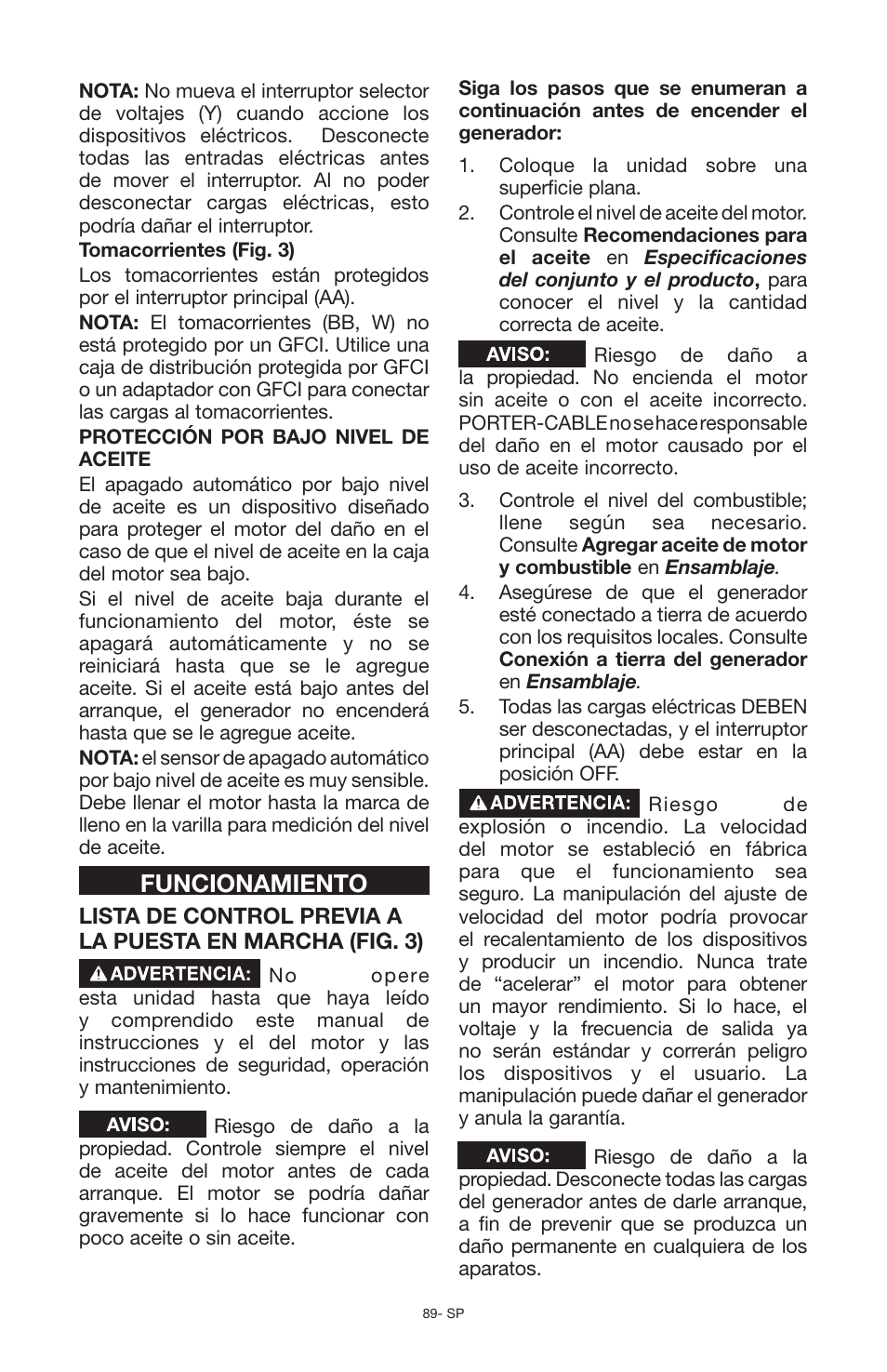Funcionamiento | Porter-Cable PCG6500 User Manual | Page 89 / 112