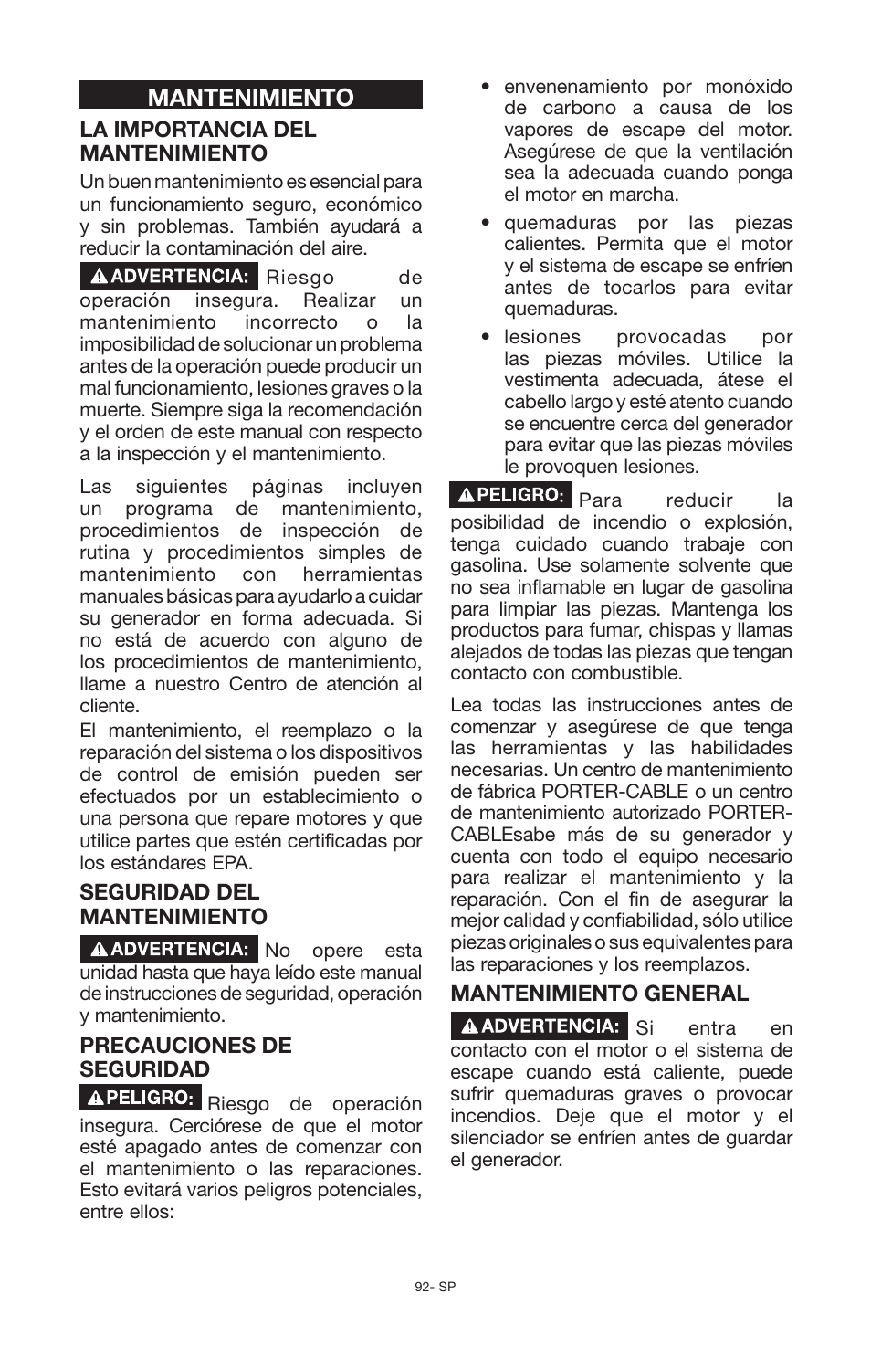 Mantenimiento | Porter-Cable PCG6500 User Manual | Page 92 / 112