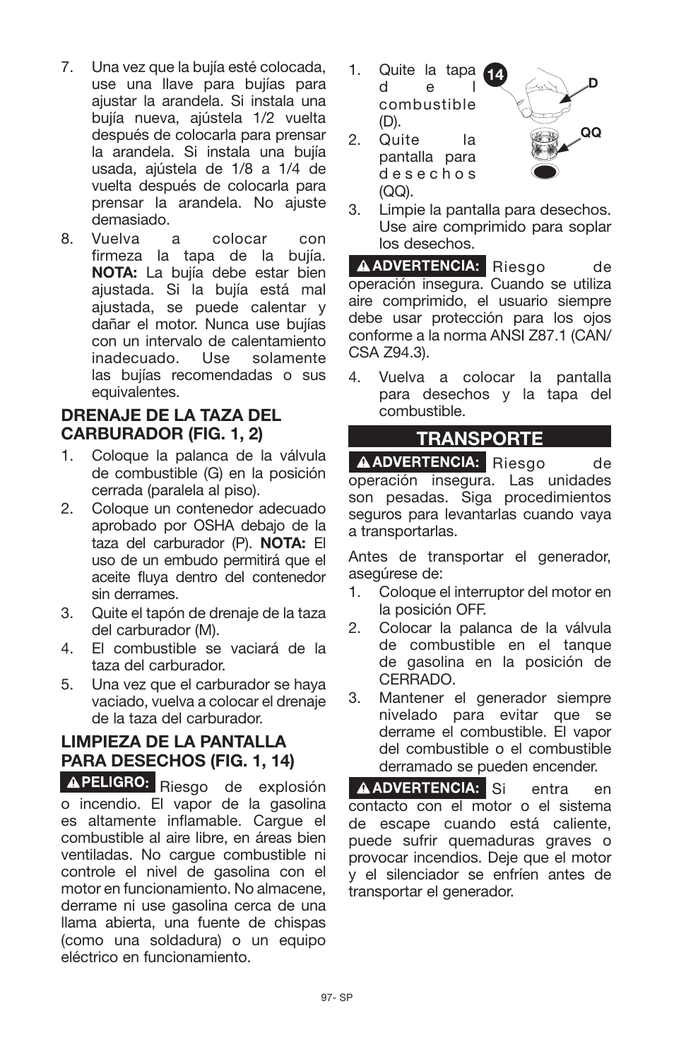 Transporte | Porter-Cable PCG6500 User Manual | Page 97 / 112