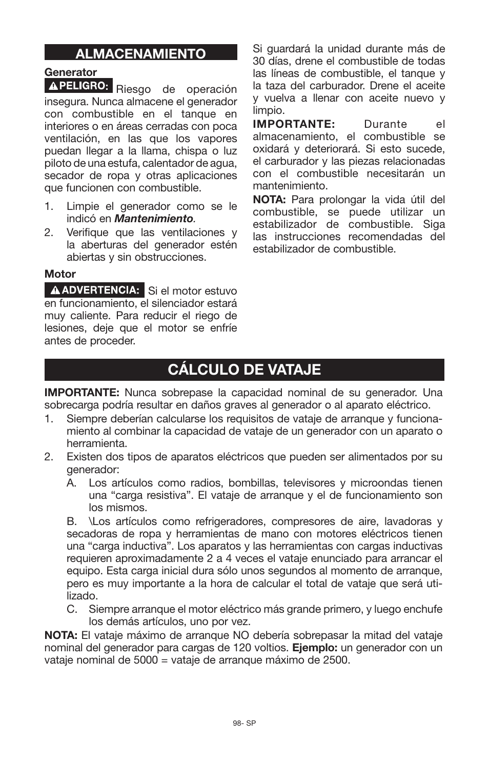 Cálculo de vataje, Almacenamiento | Porter-Cable PCG6500 User Manual | Page 98 / 112