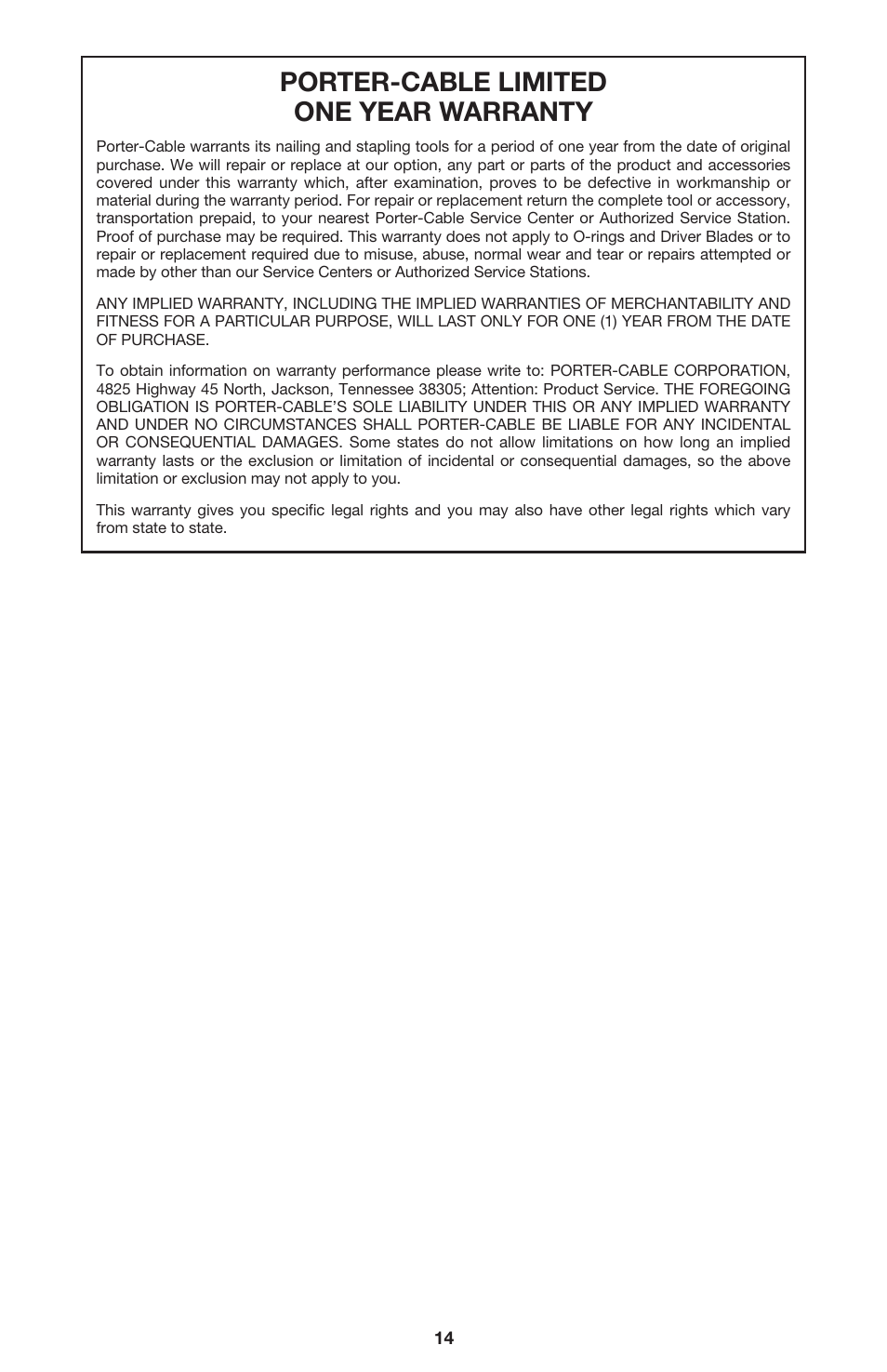 Porter-cable limited one year warranty | Porter-Cable FR350 User Manual | Page 14 / 15