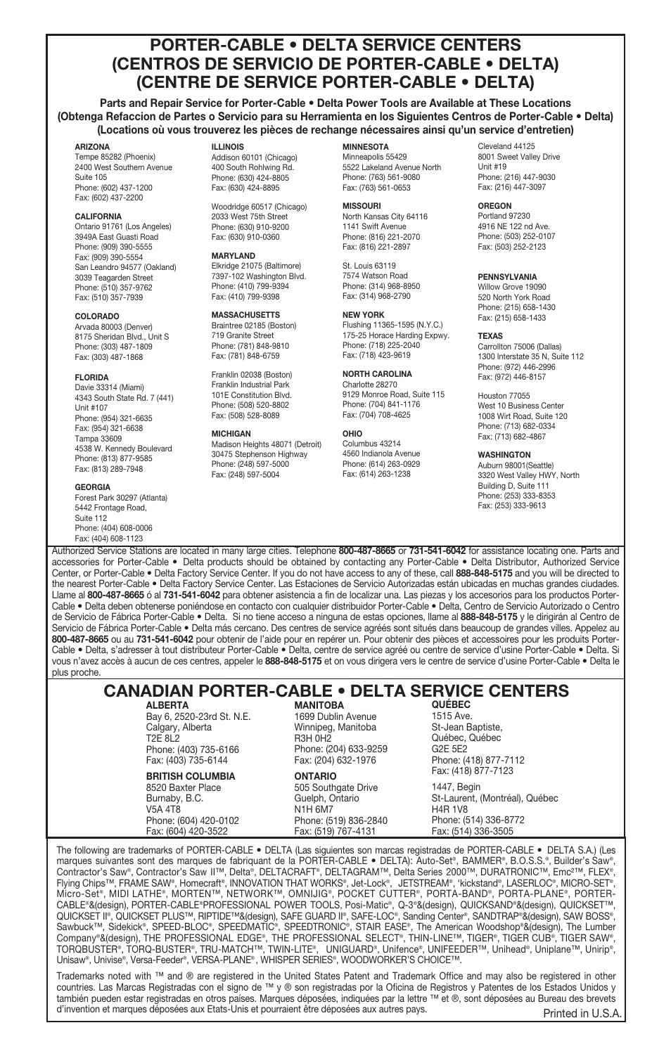 Canadian porter-cable • delta service centers, Printed in u.s.a | Porter-Cable FR350 User Manual | Page 15 / 15