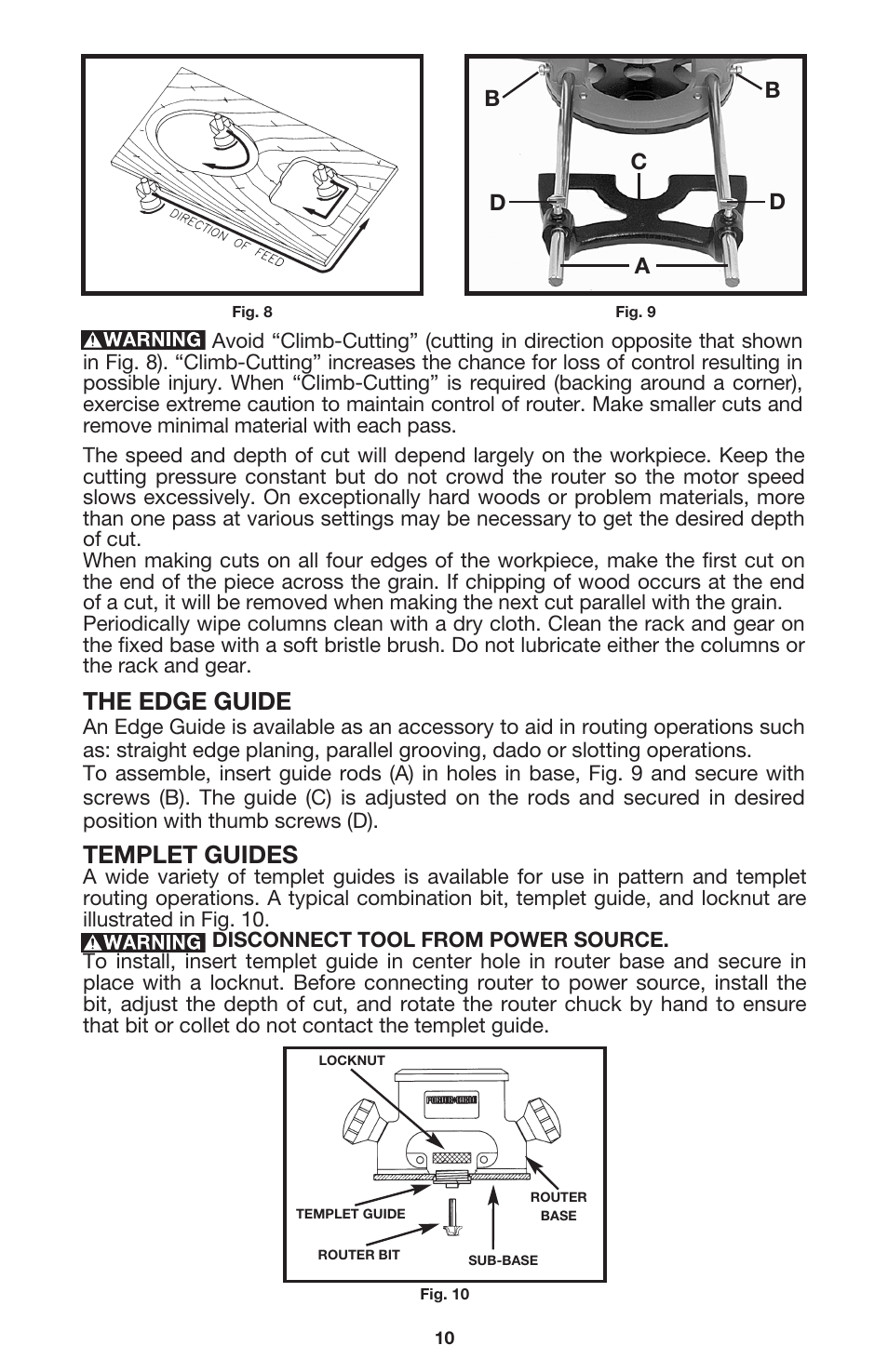 The edge guide, Templet guides, Bd d c a | Porter-Cable 7537 User Manual | Page 10 / 15