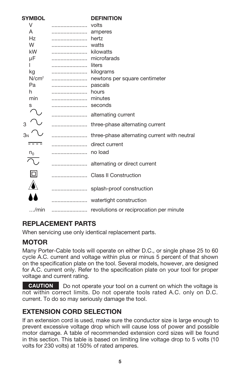 Replacement parts, Motor, Extension cord selection | Porter-Cable 7537 User Manual | Page 5 / 15