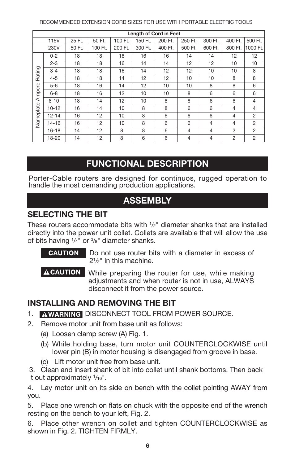 Functional description assembly, Selecting the bit, Installing and removing the bit | These routers accommodate bits with | Porter-Cable 7537 User Manual | Page 6 / 15