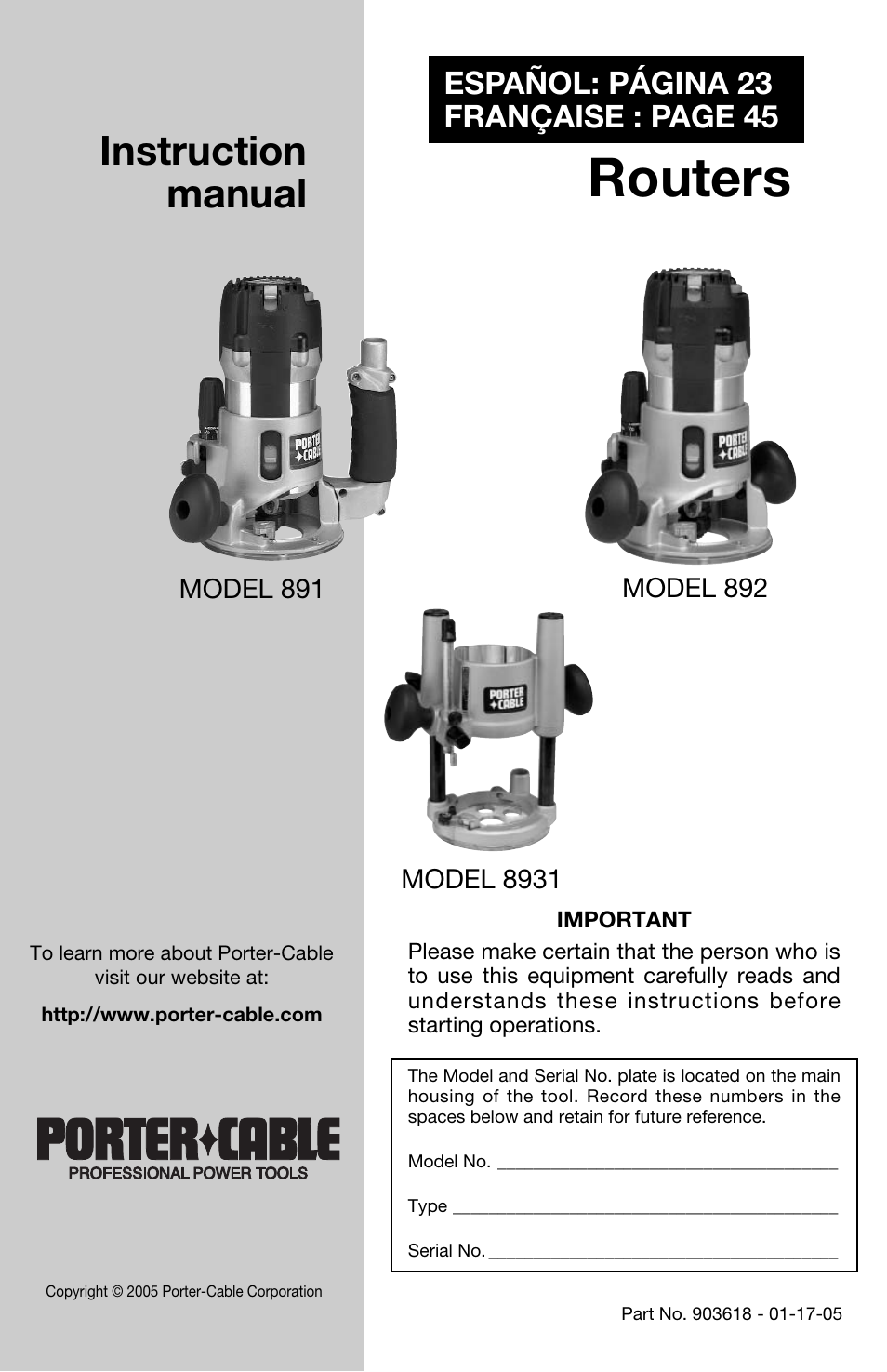 Porter-Cable 891 User Manual | 23 pages