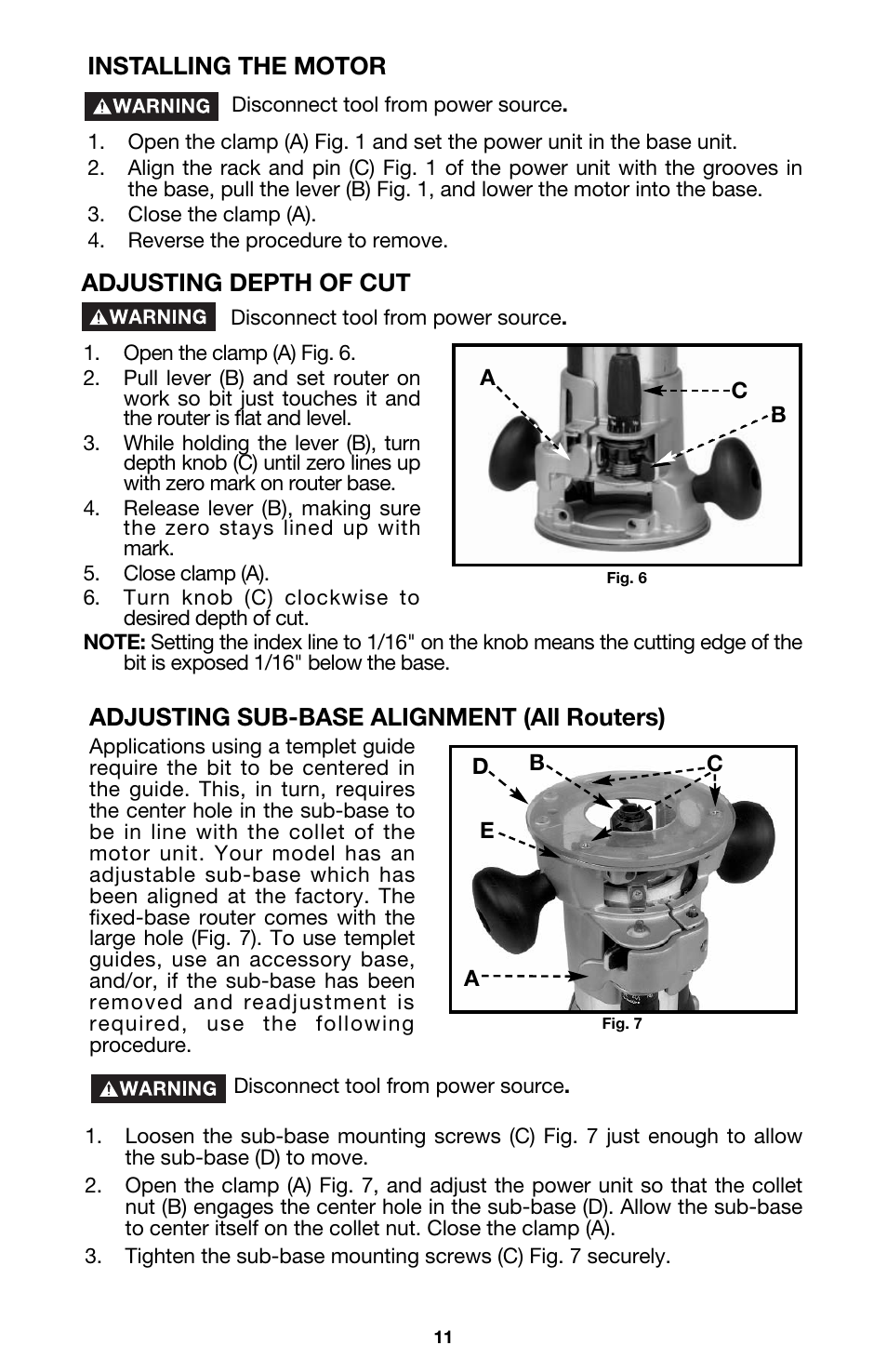 Installing the motor, Adjusting sub-base alignment (all routers), Adjusting depth of cut | Porter-Cable 891 User Manual | Page 11 / 23