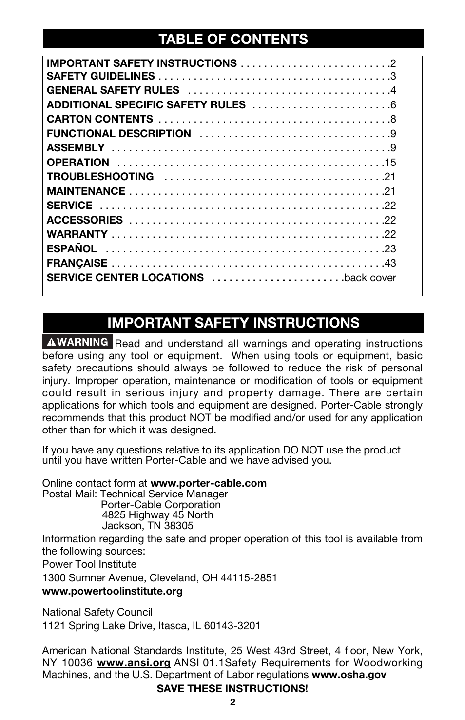 Table of contents important safety instructions | Porter-Cable 891 User Manual | Page 2 / 23