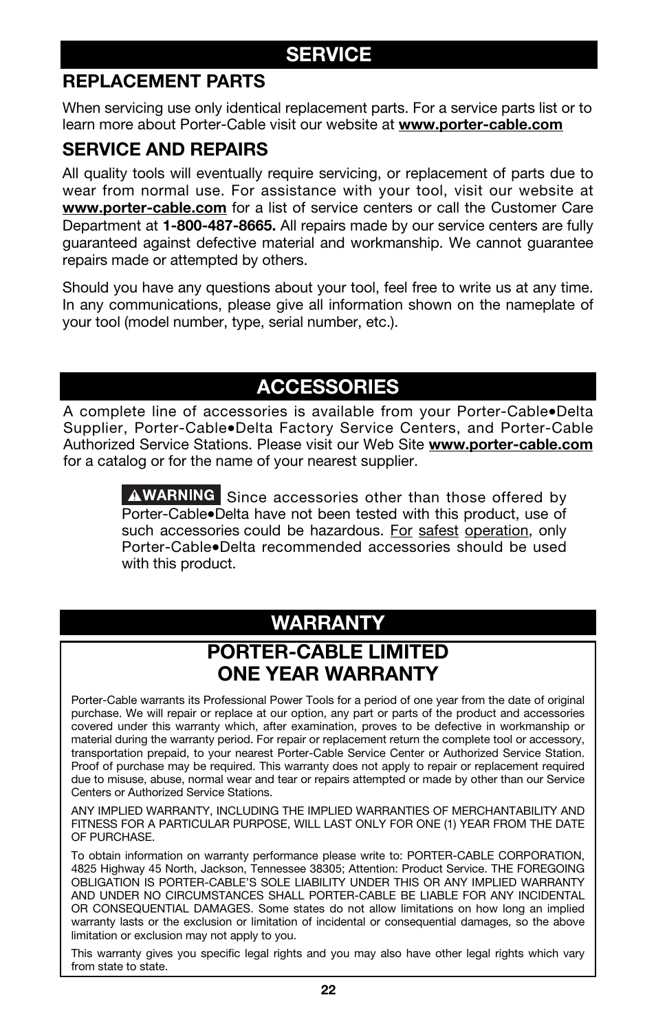 Porter-cable limited one year warranty, Warranty, Accessories | Service, Replacement parts, Service and repairs | Porter-Cable 891 User Manual | Page 22 / 23