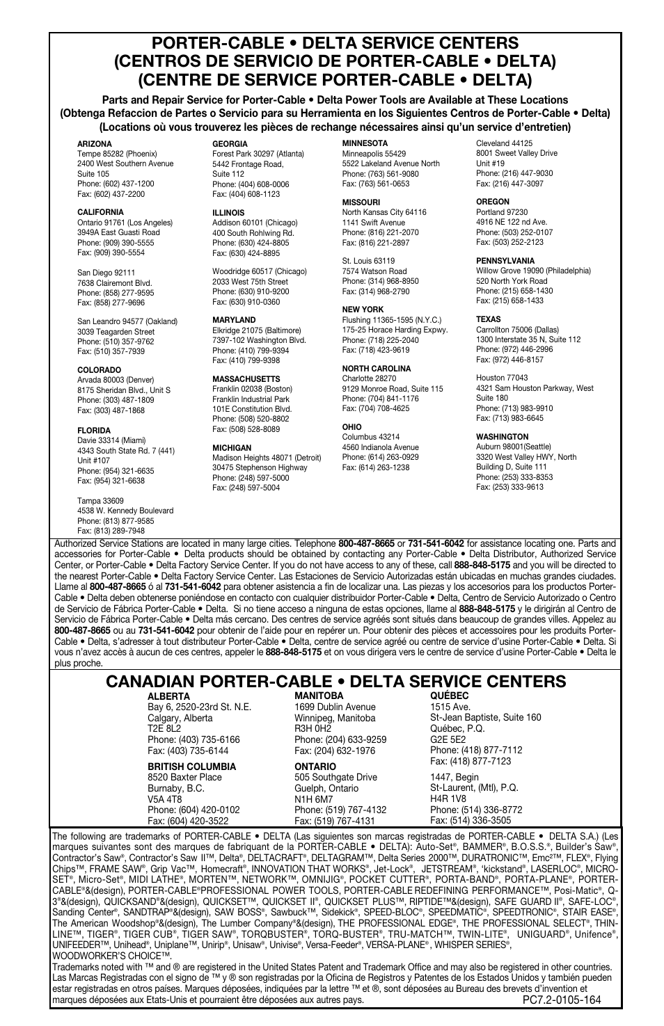 Canadian porter-cable • delta service centers | Porter-Cable 891 User Manual | Page 23 / 23