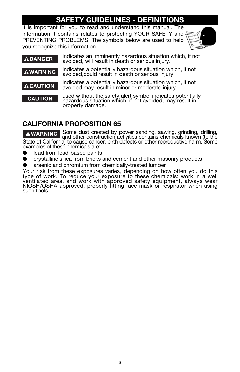 Safety guidelines - definitions, California proposition 65 | Porter-Cable 891 User Manual | Page 3 / 23