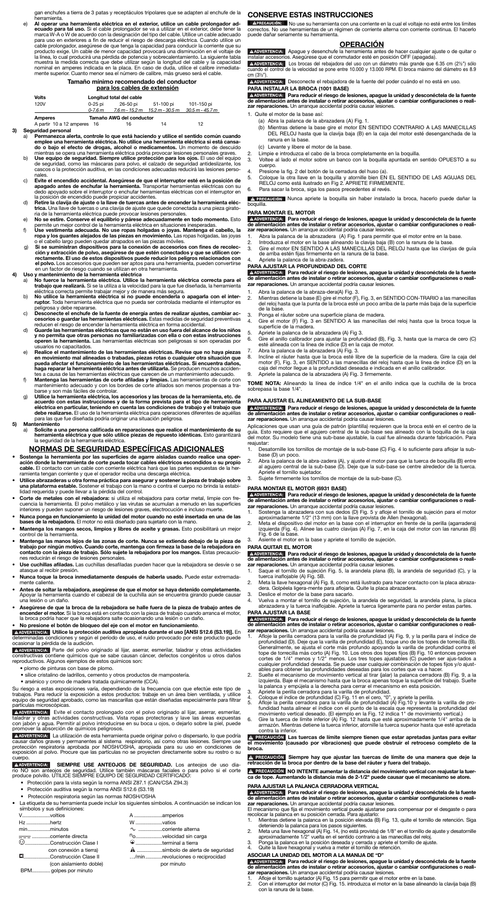 Normas de seguridad específicas adicionales, Conserve estas instrucciones, Operación | Porter-Cable A22440 User Manual | Page 5 / 6