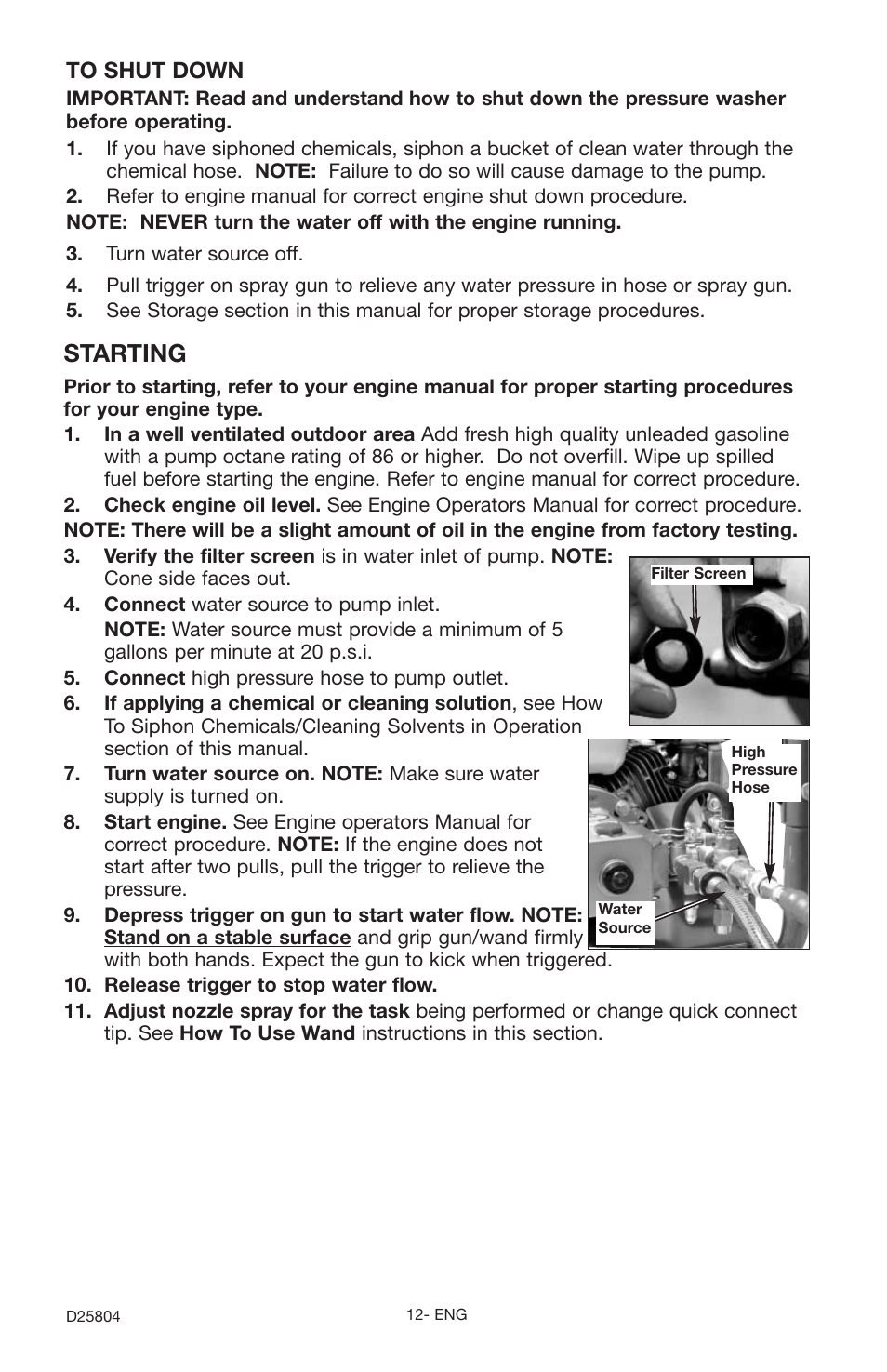 Starting | Porter-Cable D25804-025-1 User Manual | Page 12 / 20