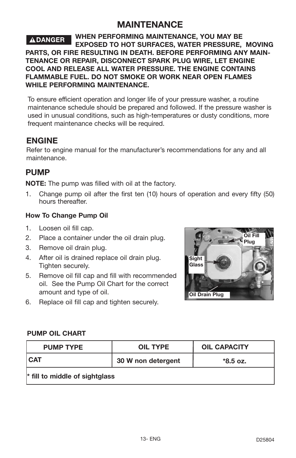 Maintenance, Pump, Engine | Porter-Cable D25804-025-1 User Manual | Page 13 / 20