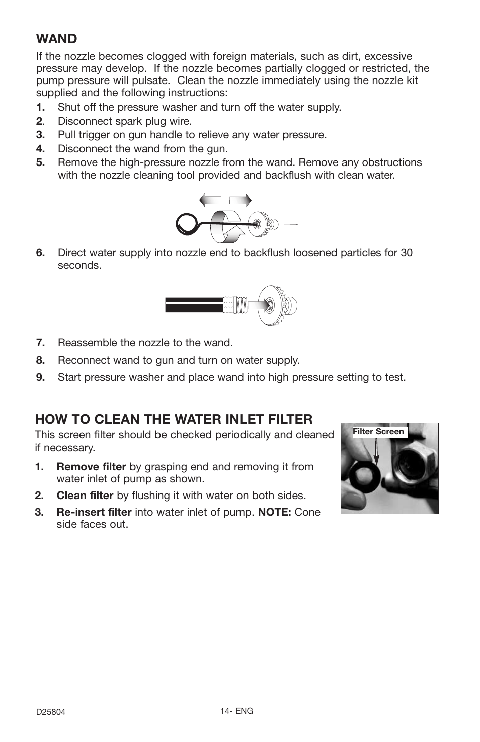 How to clean the water inlet filter, Wand | Porter-Cable D25804-025-1 User Manual | Page 14 / 20
